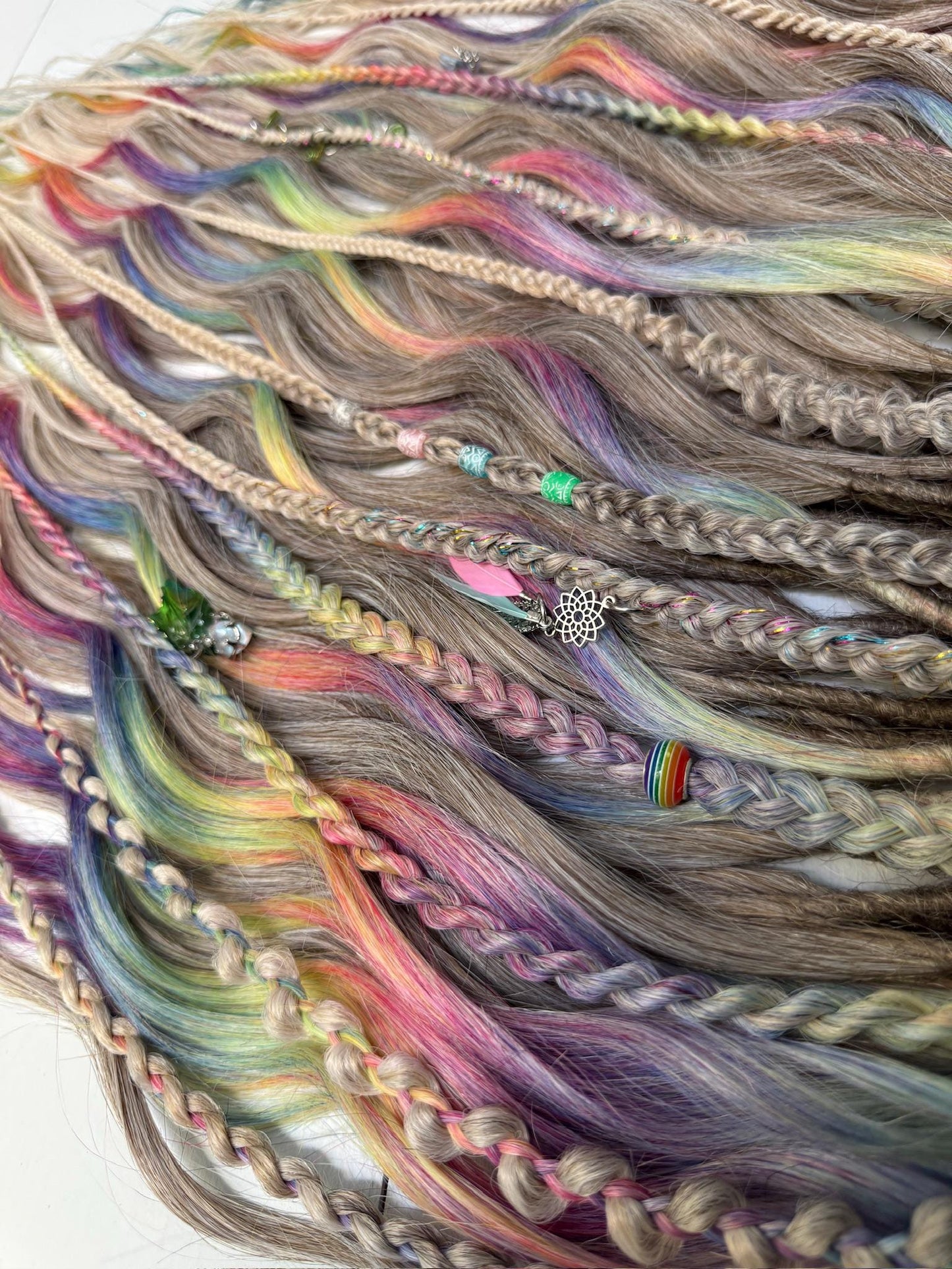 Rainbow Platinum Blonde Dreadlock Set with Braids, Charms & Beads