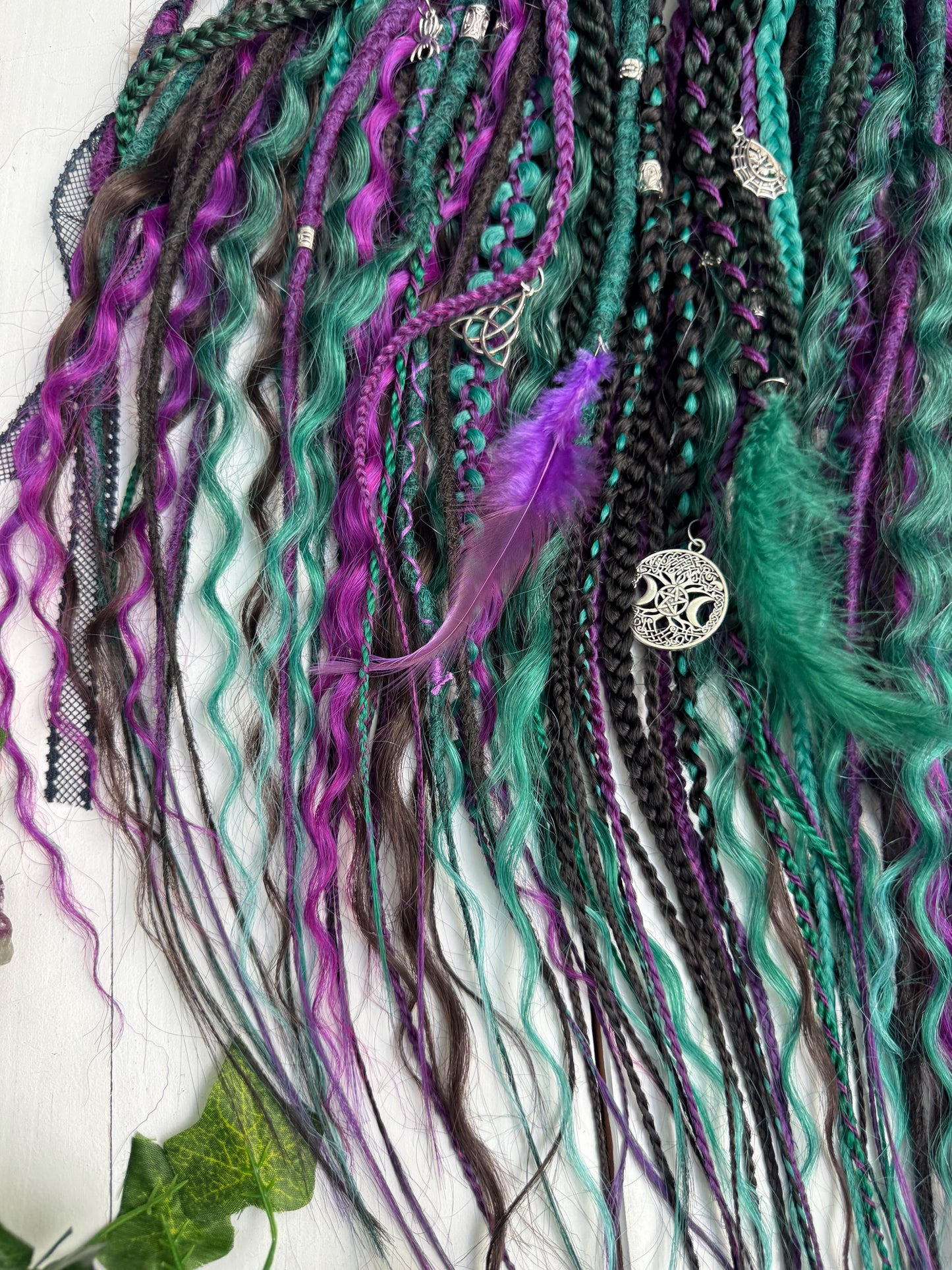 Handmade Witchy Dreads – Purple, Green & Black Braids with Charms