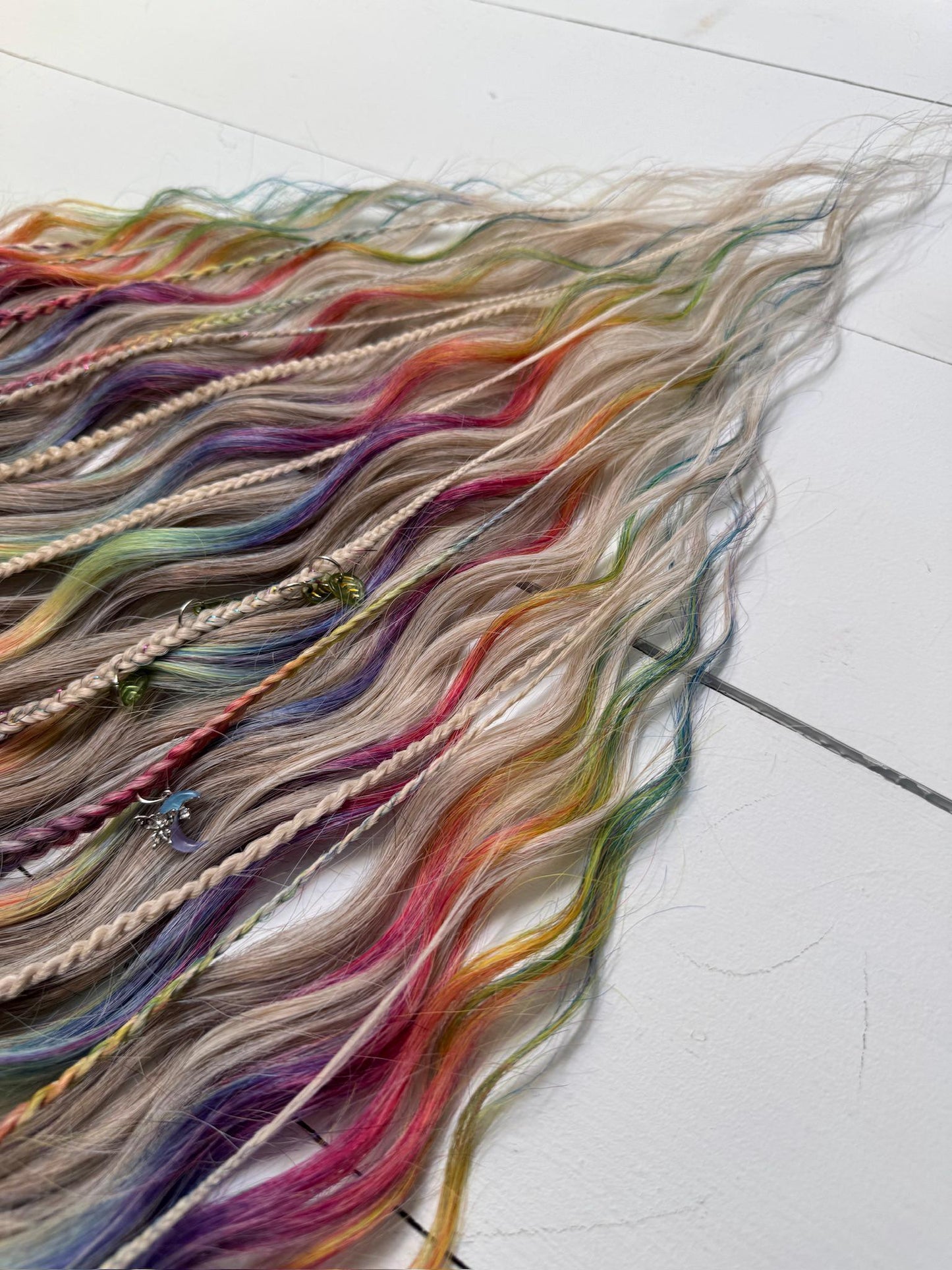 Rainbow Platinum Blonde Dreadlock Set with Braids, Charms & Beads