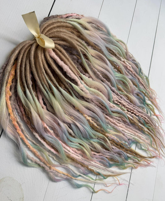 Pastel Rainbow Dreadlock Extensions with Braids, Curls, and Hair Charms