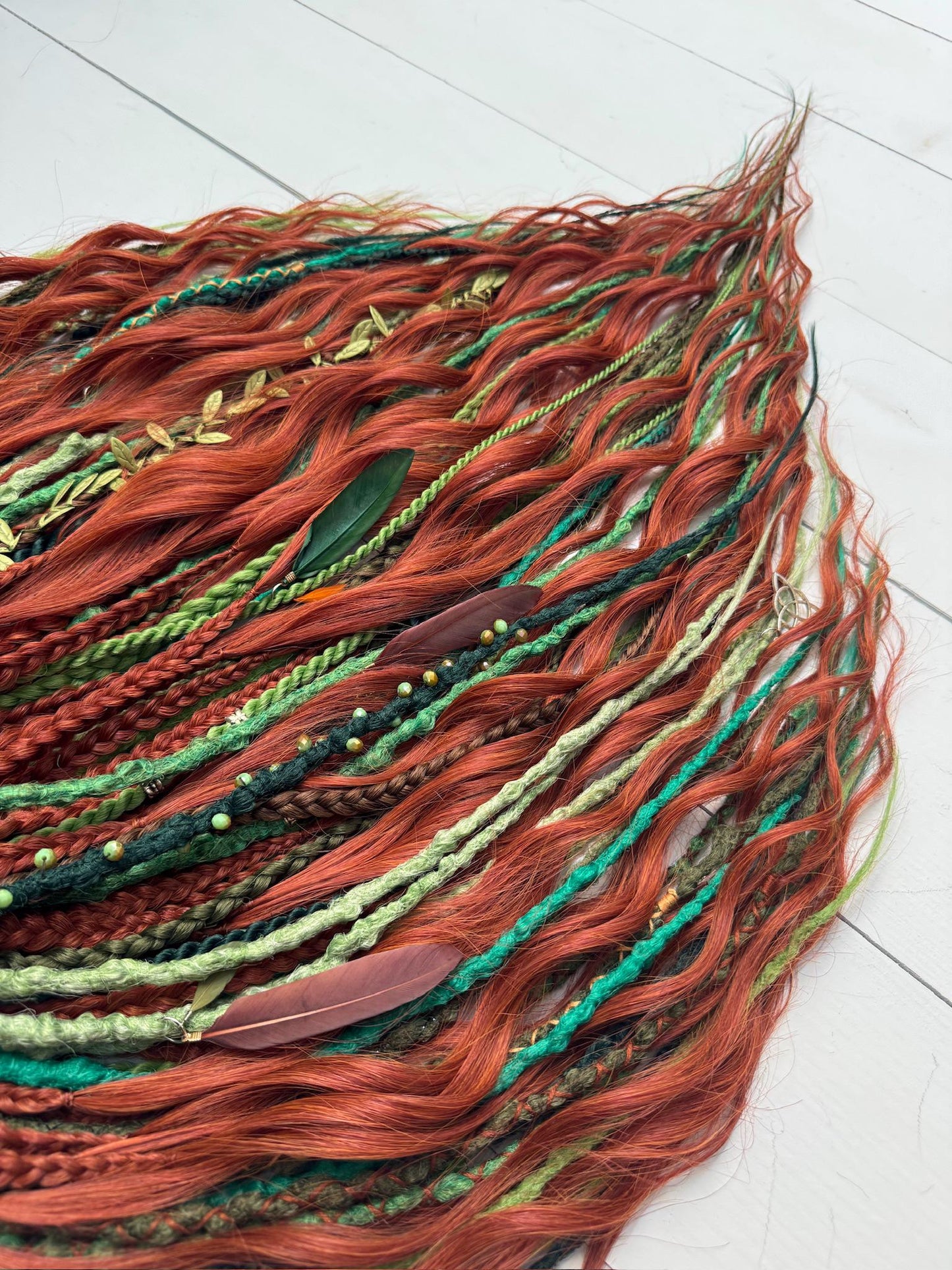 Forest Dreadlock Set in Copper and Green with Braids and Curls