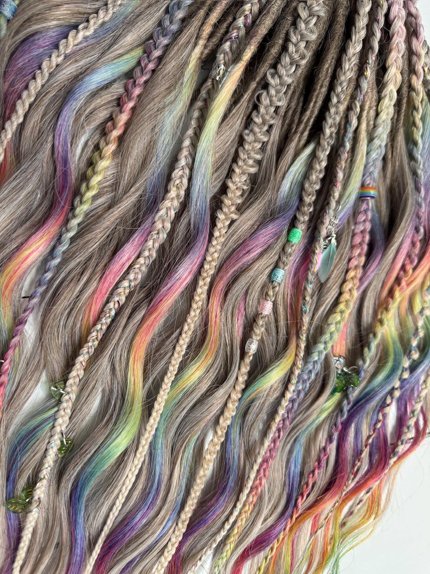 Rainbow Platinum Blonde Dreadlock Set with Braids, Charms & Beads