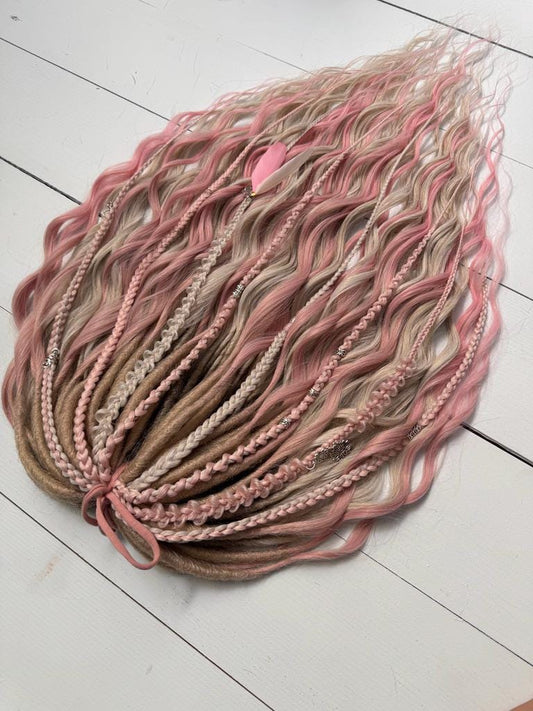 Blush Pink and Beige Dreadlock Curls with Braids, Beads, and Charms