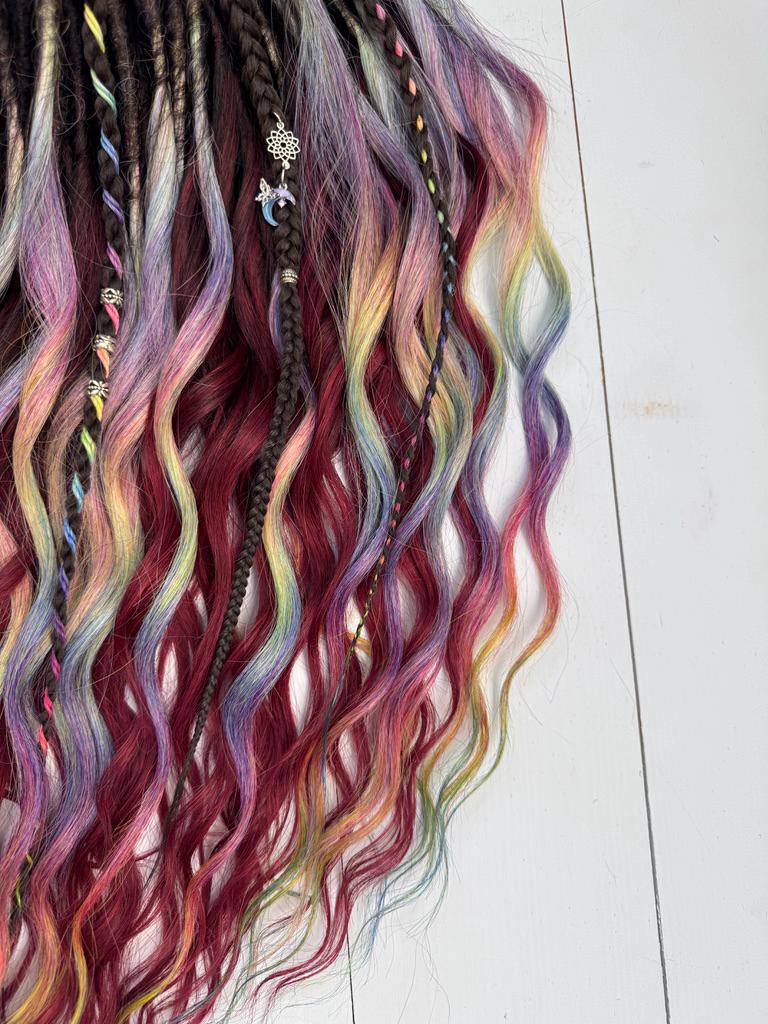 Burgundy Rainbow Dreadlock & Braid Set – Festival Hair Extension Bundle