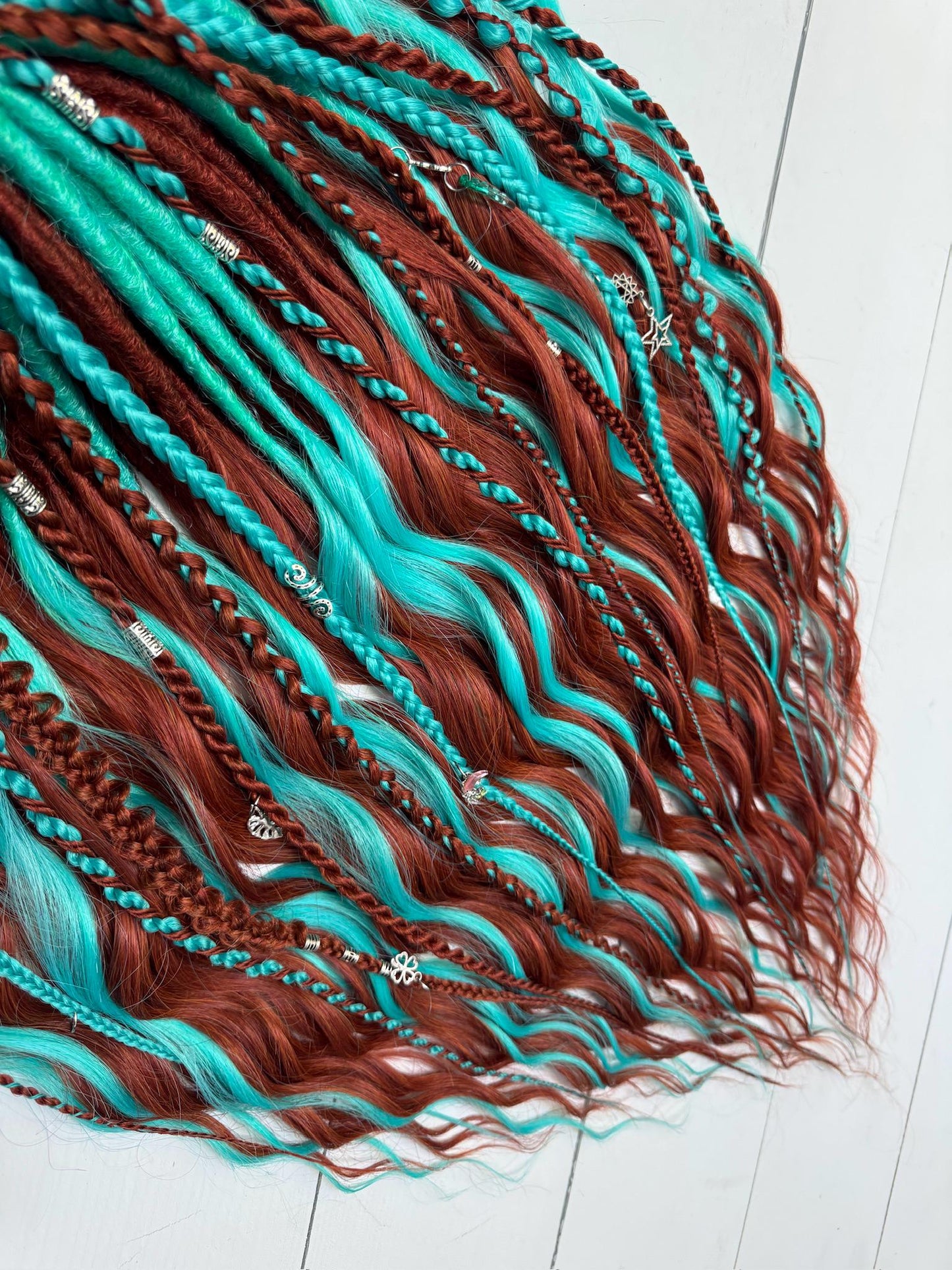 Turquoise and Copper Dreadlock Extensions with Braids and Charms