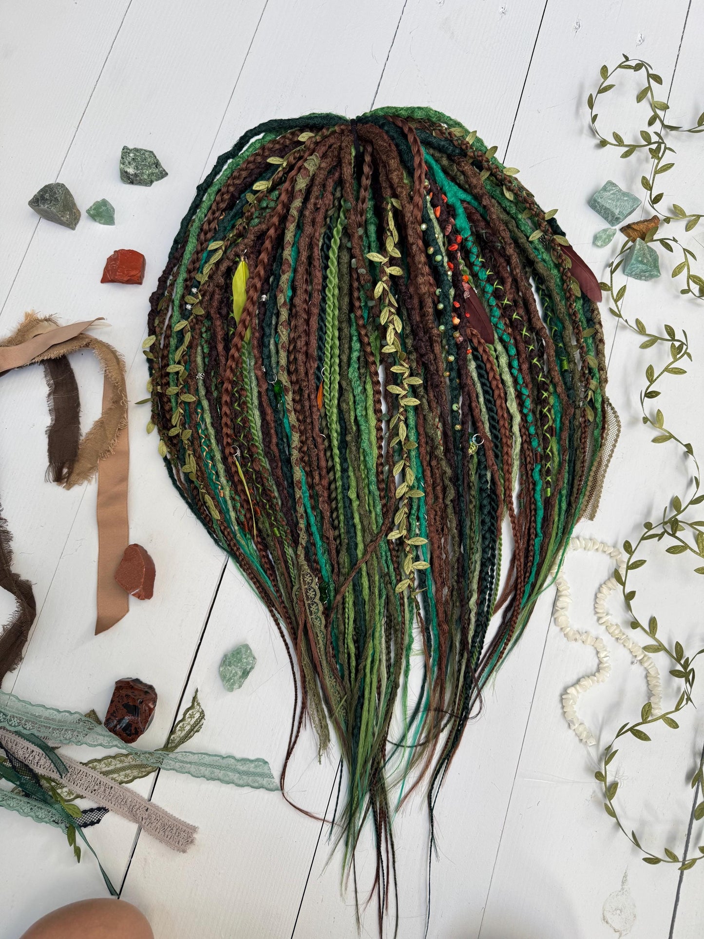 Forest Spirit Dreadlock Set with Boho Textured Dreads, Leaves, and Feathers