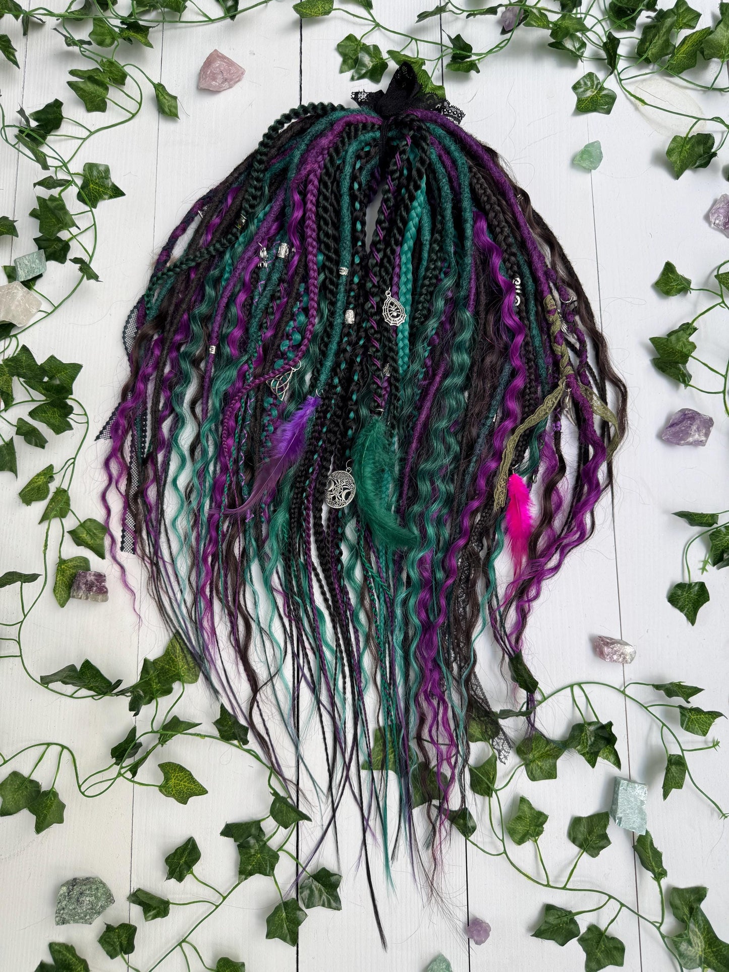 Handmade Witchy Dreads – Purple, Green & Black Braids with Charms