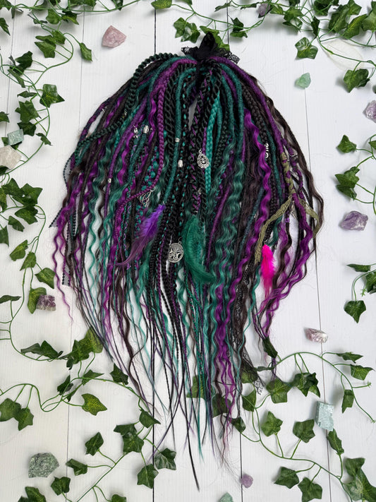 Handmade Witchy Dreads – Purple, Green & Black Braids with Charms