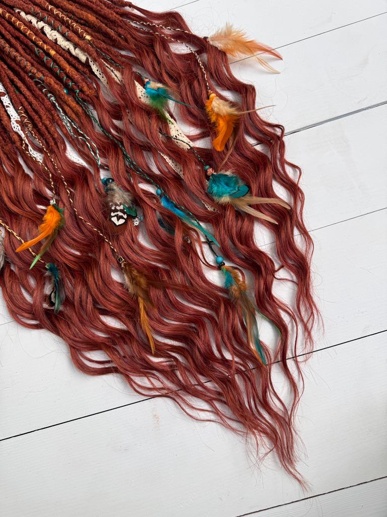 Copper Brown Dreadlock Extensions with Crochet Dreads, Feathers, and Lace