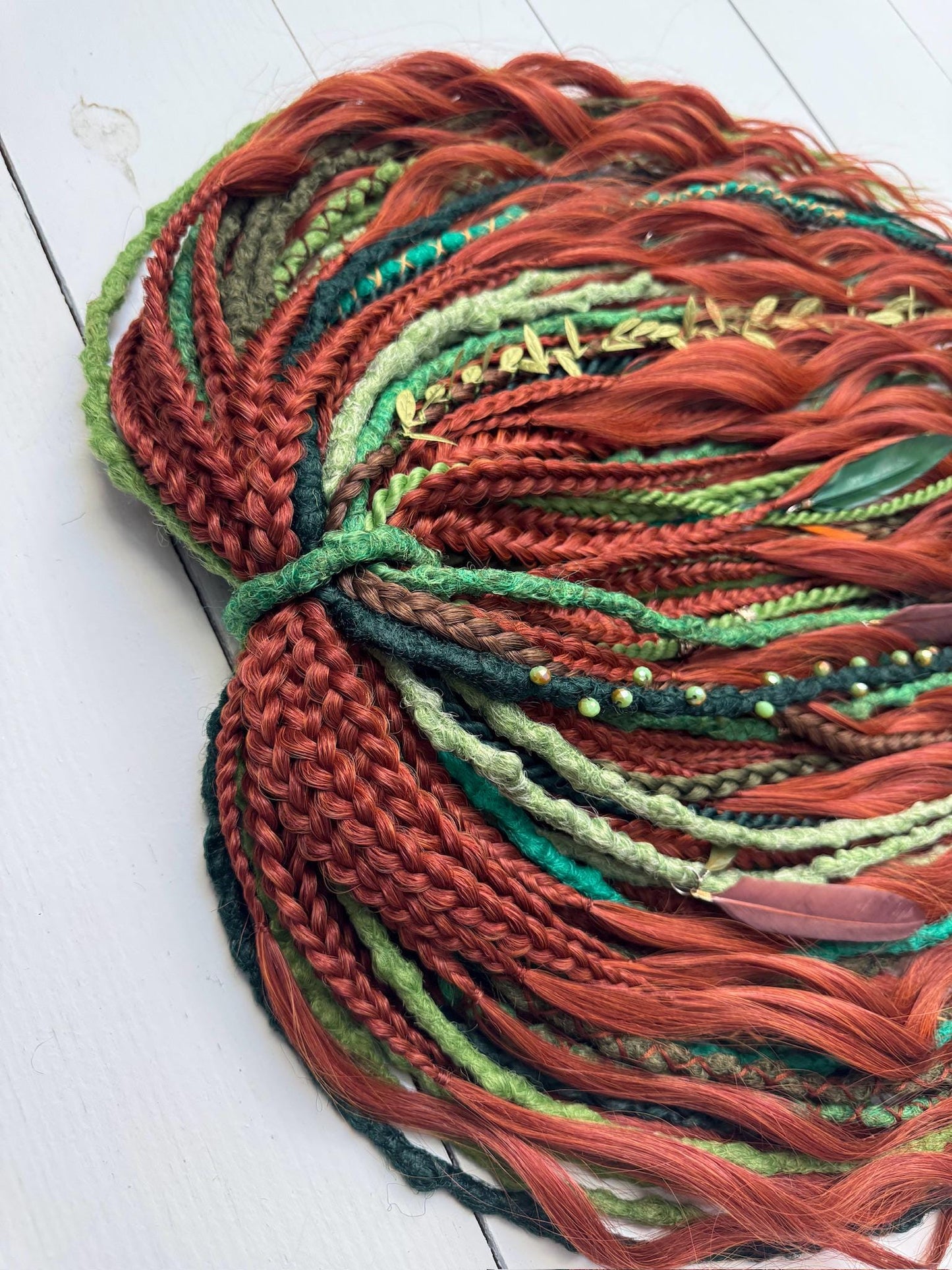 Forest Dreadlock Set in Copper and Green with Braids and Curls