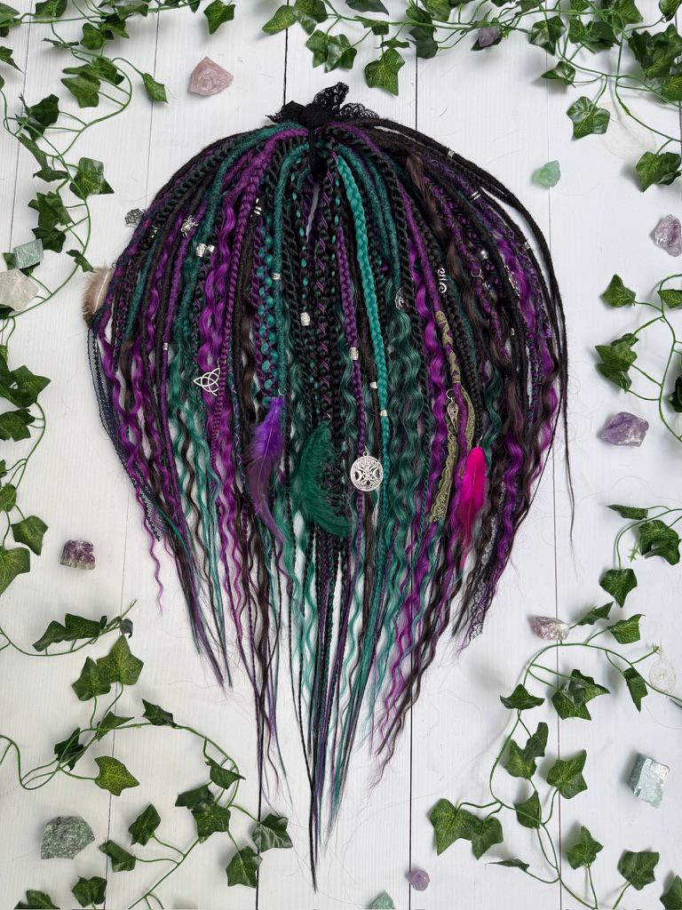 Handmade Witchy Dreads – Purple, Green & Black Braids with Charms