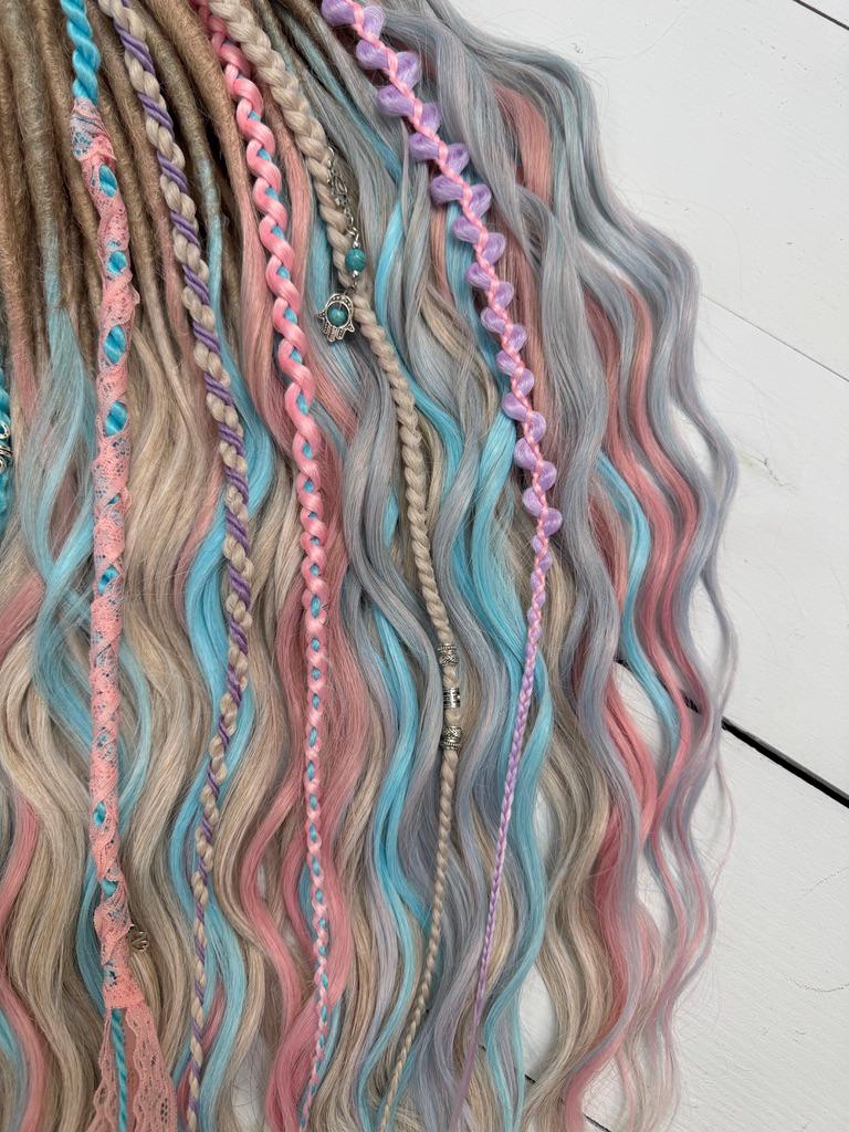 Pastel Synthetic Dreadlocks with Curls, Braids, Lace, and Charms