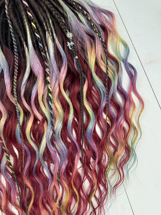 Burgundy Rainbow Dreadlock & Braid Set – Festival Hair Extension Bundle