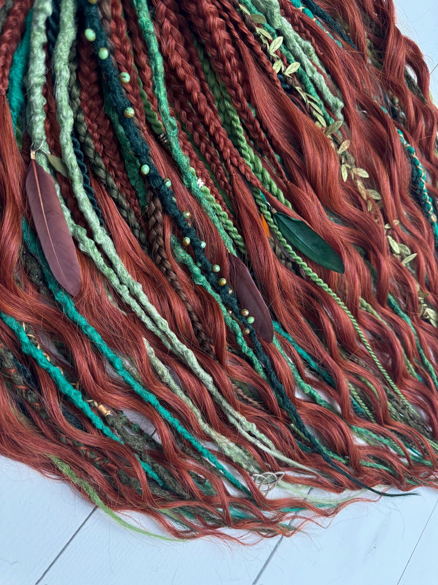Forest Dreadlock Set in Copper and Green with Braids and Curls