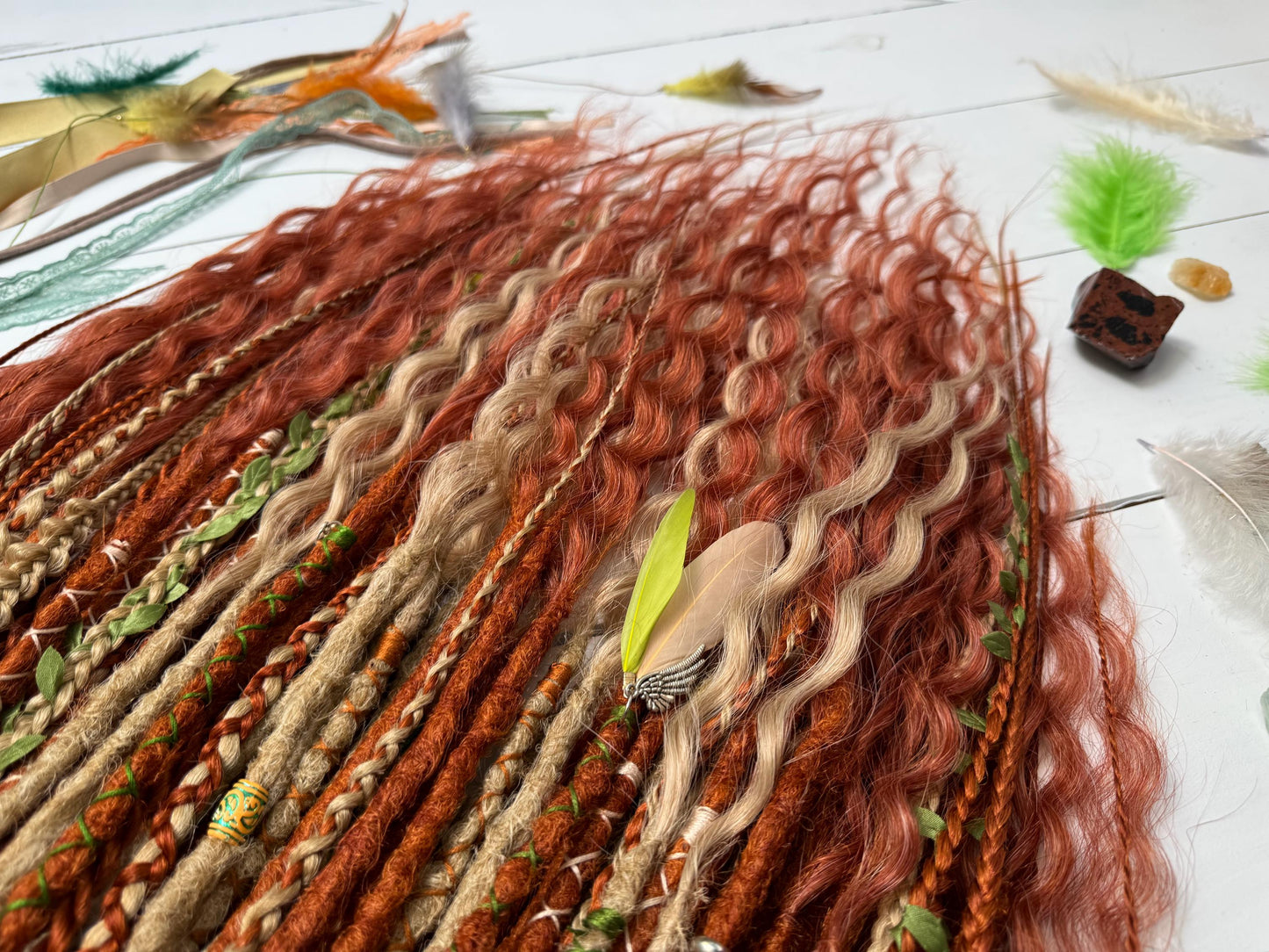 Handmade Boho Dreadlocks in Ginger Beige with Braids and Feathers