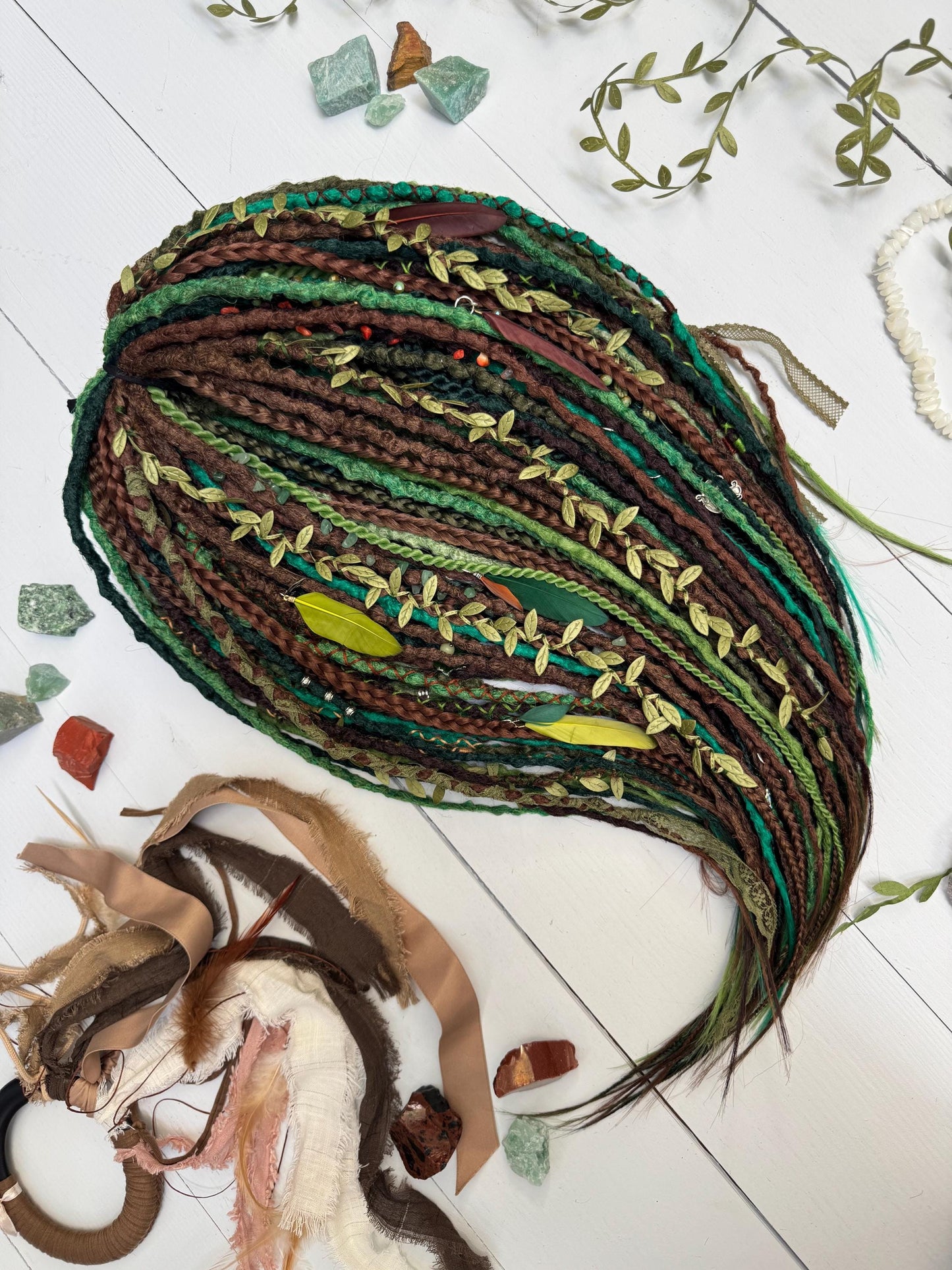 Forest Spirit Dreadlock Set with Boho Textured Dreads, Leaves, and Feathers