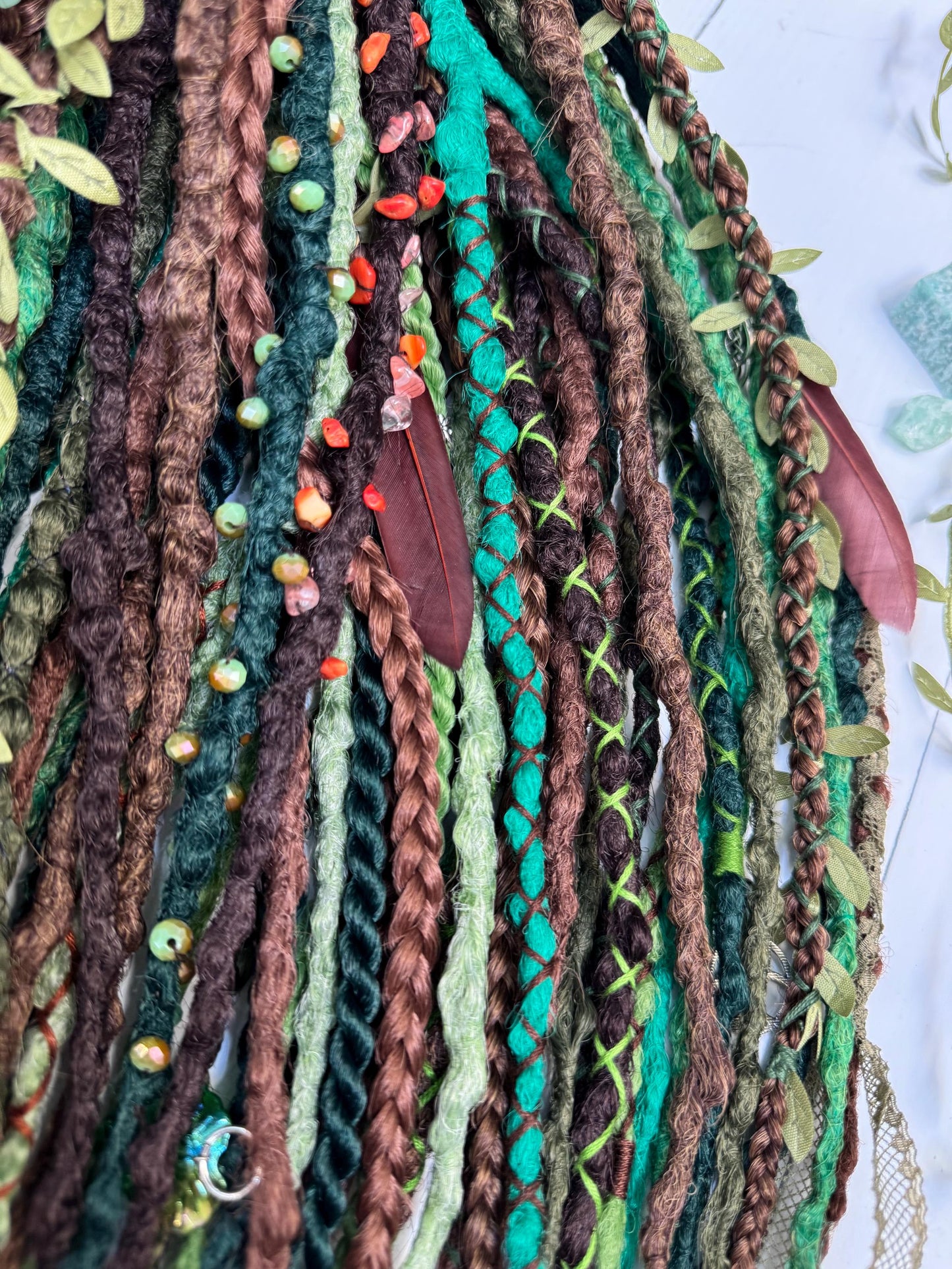 Forest Spirit Dreadlock Set with Boho Textured Dreads, Leaves, and Feathers