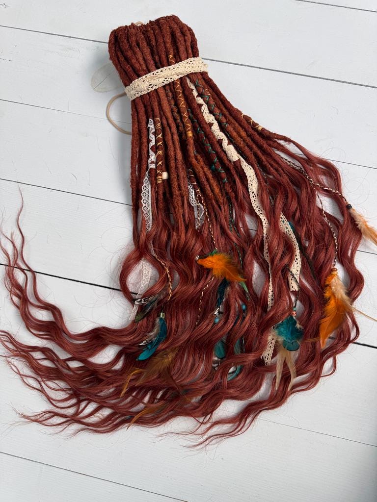 Copper Brown Dreadlock Extensions with Crochet Dreads, Feathers, and Lace