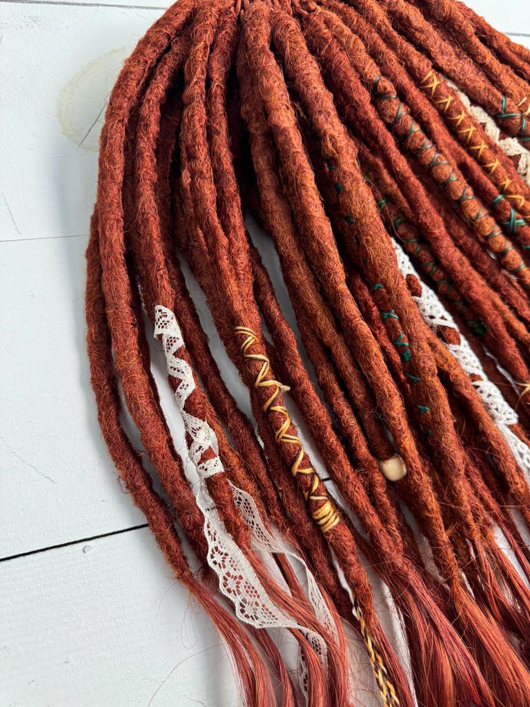 Copper Brown Dreadlock Extensions with Crochet Dreads, Feathers, and Lace