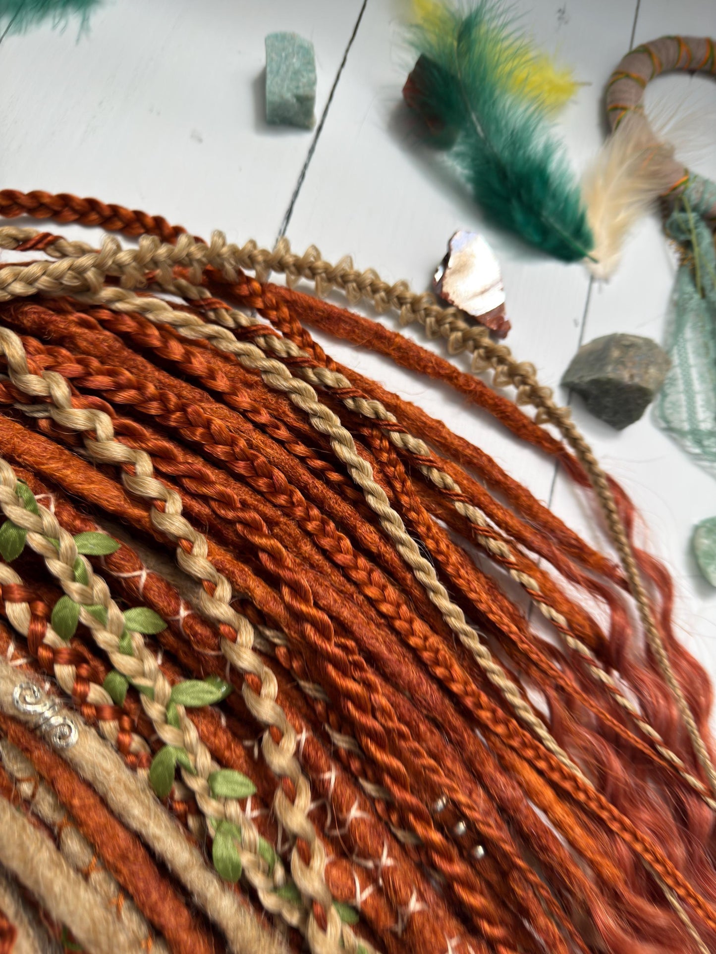 Handmade Boho Dreadlocks in Ginger Beige with Braids and Feathers