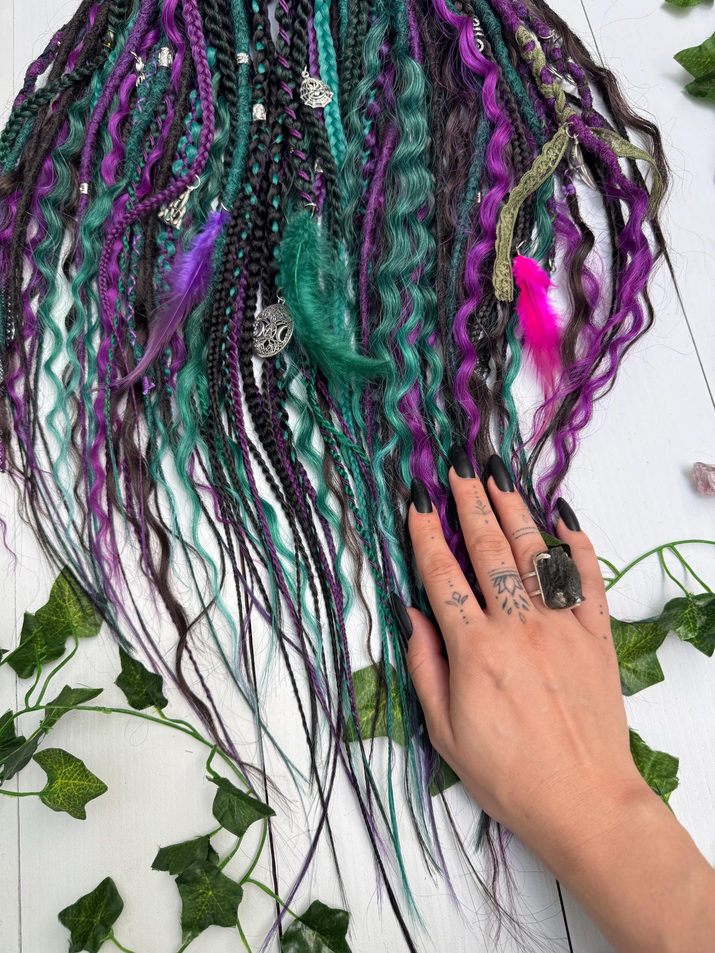 Handmade Witchy Dreads – Purple, Green & Black Braids with Charms