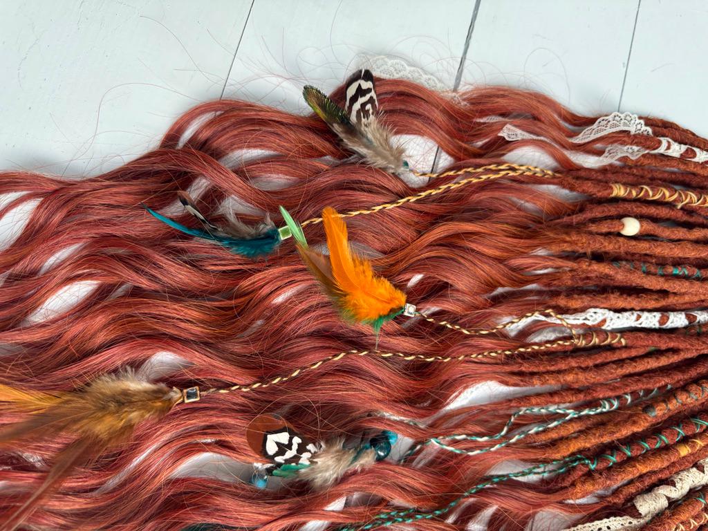 Copper Brown Dreadlock Extensions with Crochet Dreads, Feathers, and Lace