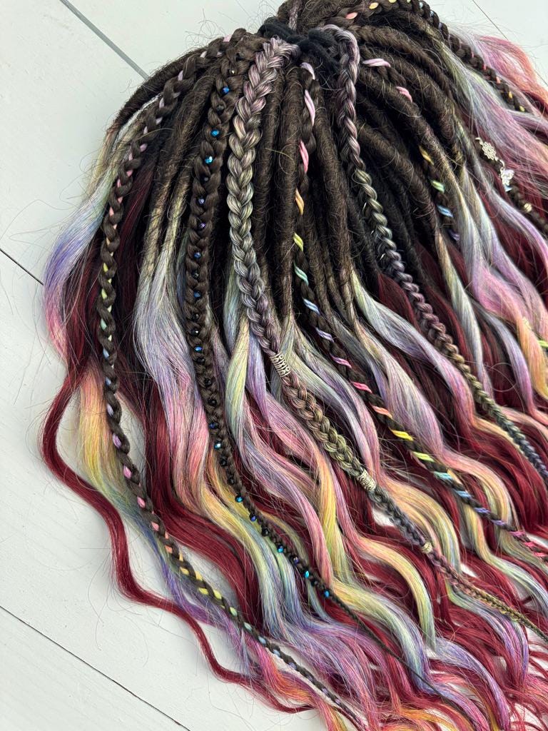 Burgundy Rainbow Dreadlock & Braid Set – Festival Hair Extension Bundle