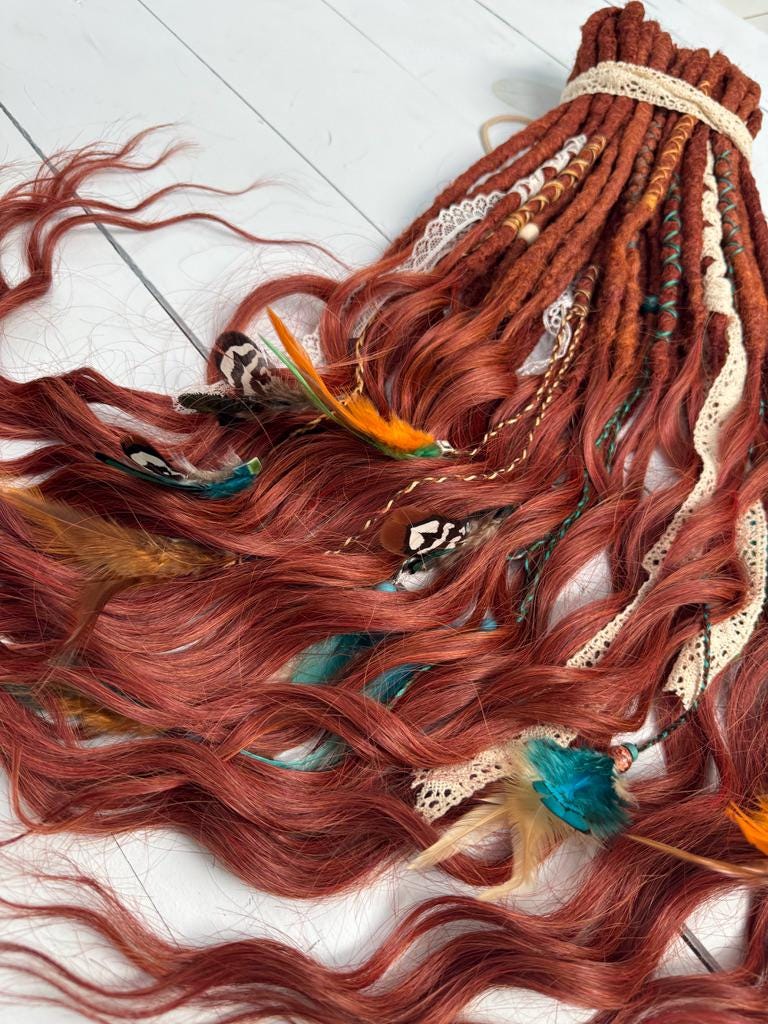 Copper Brown Dreadlock Extensions with Crochet Dreads, Feathers, and Lace