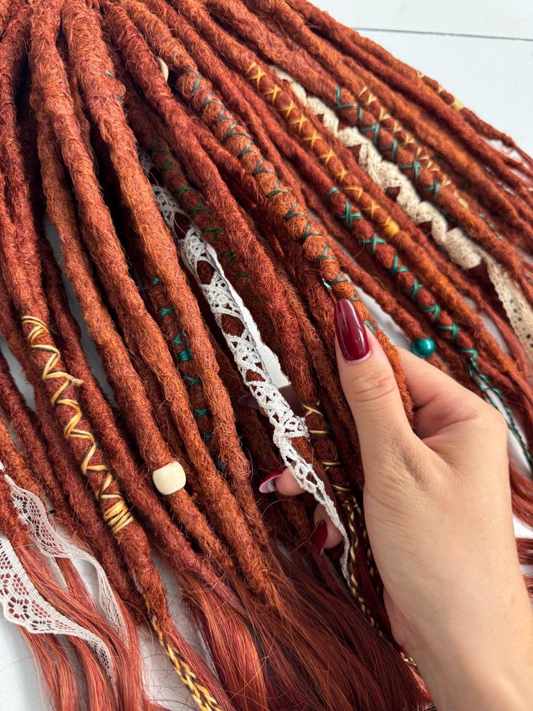 Copper Brown Dreadlock Extensions with Crochet Dreads, Feathers, and Lace