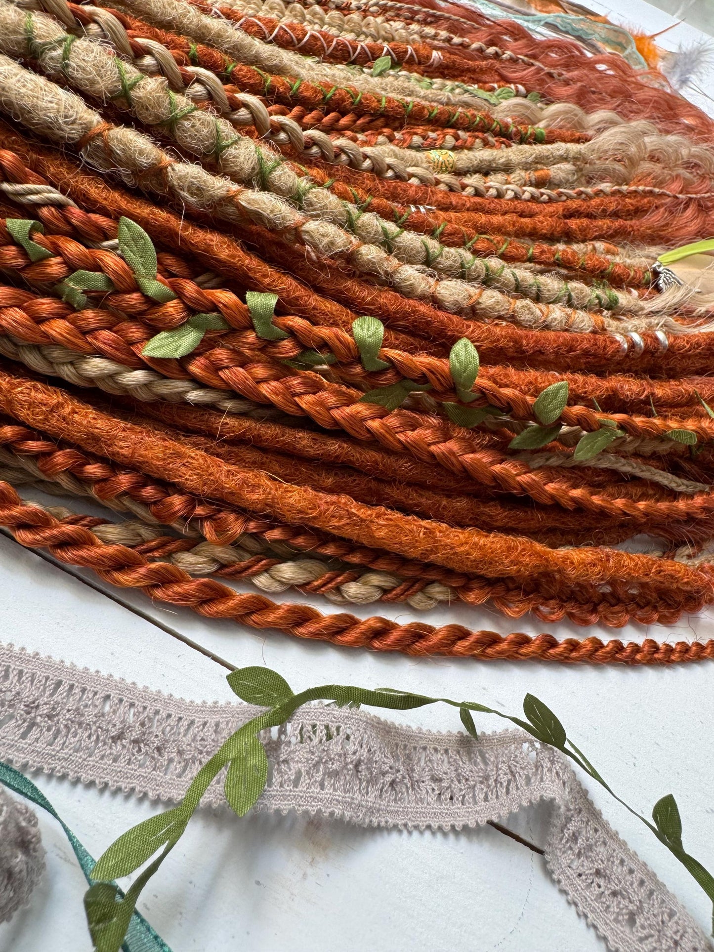 Handmade Boho Dreadlocks in Ginger Beige with Braids and Feathers