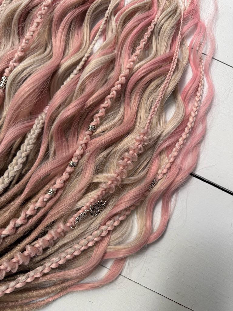 Blush Pink and Beige Dreadlock Curls with Braids, Beads, and Charms