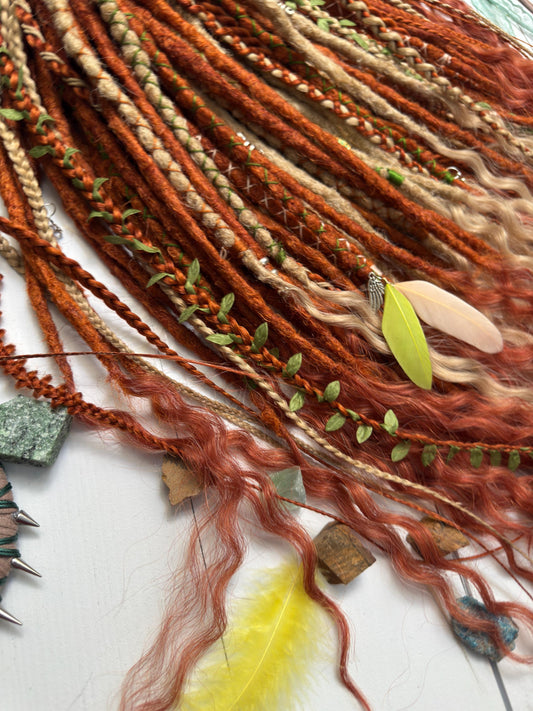 Handmade Boho Dreadlocks in Ginger Beige with Braids and Feathers