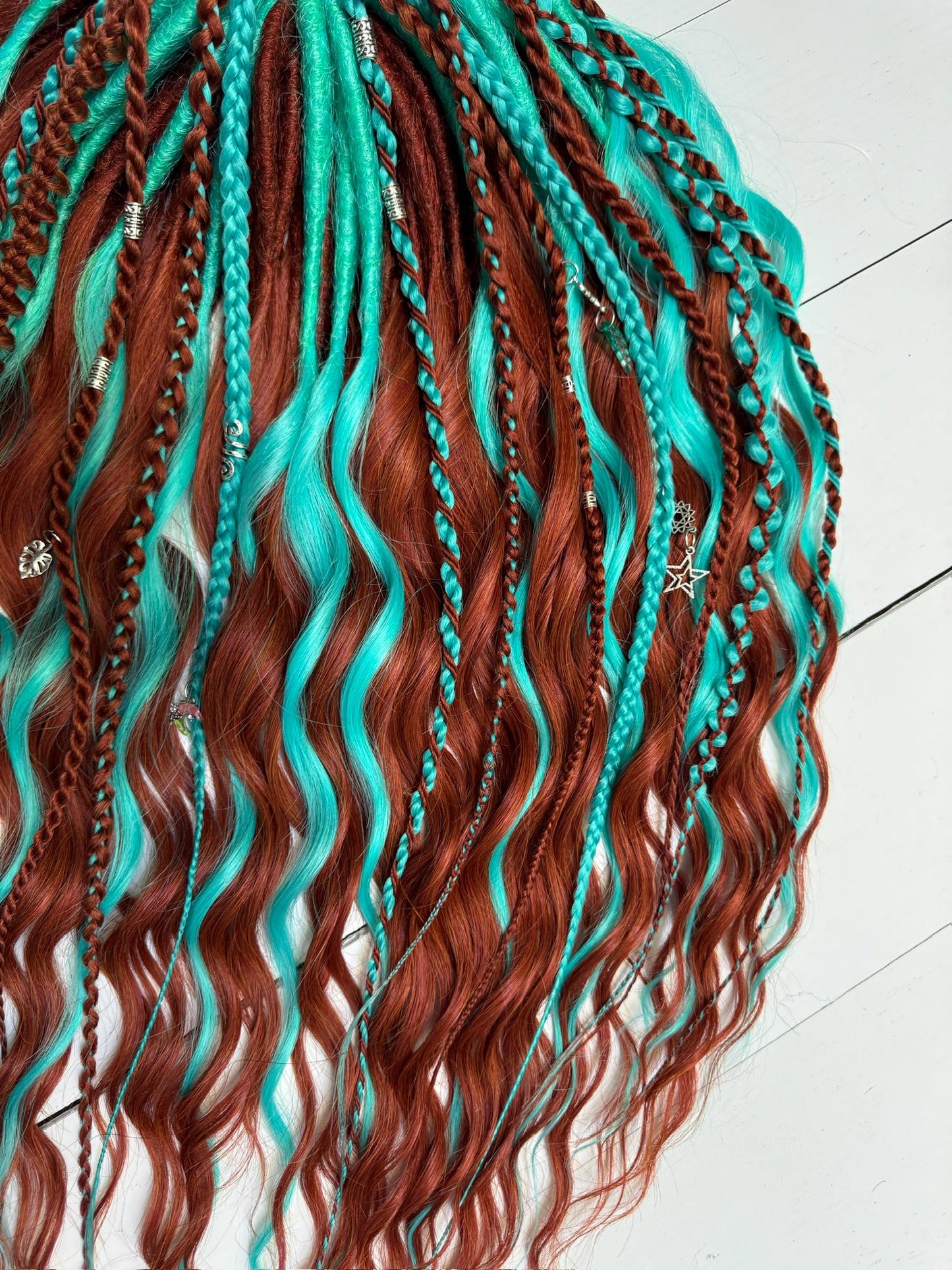 Turquoise and Copper Dreadlock Extensions with Braids and Charms
