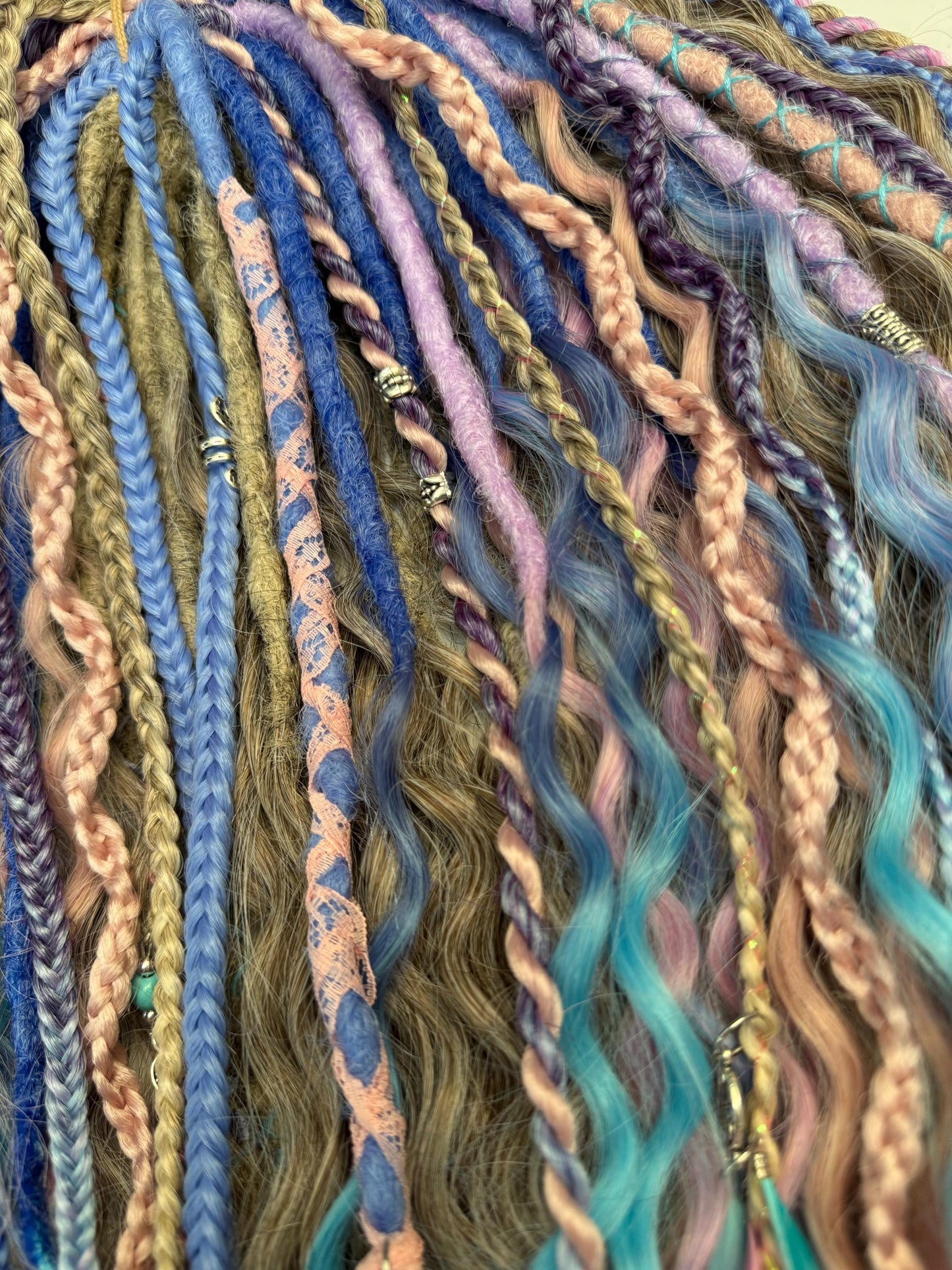 Fairycore Curly Dreadlock Set with Pastel Lace, Feathers, and Charms