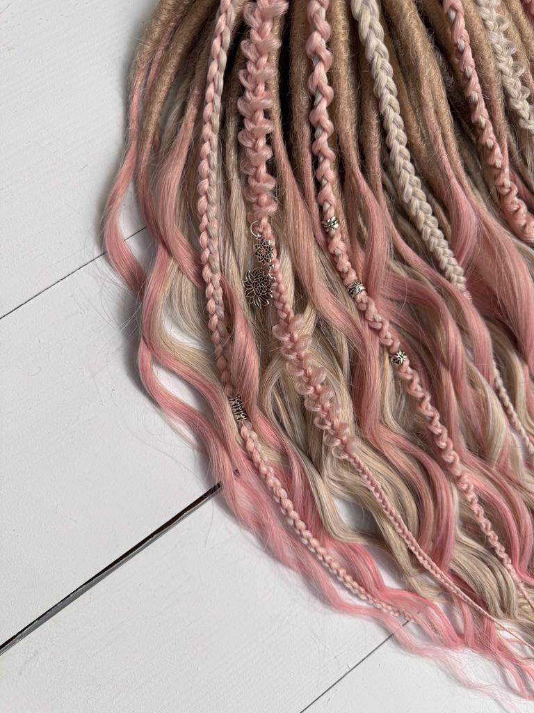 Blush Pink and Beige Dreadlock Curls with Braids, Beads, and Charms