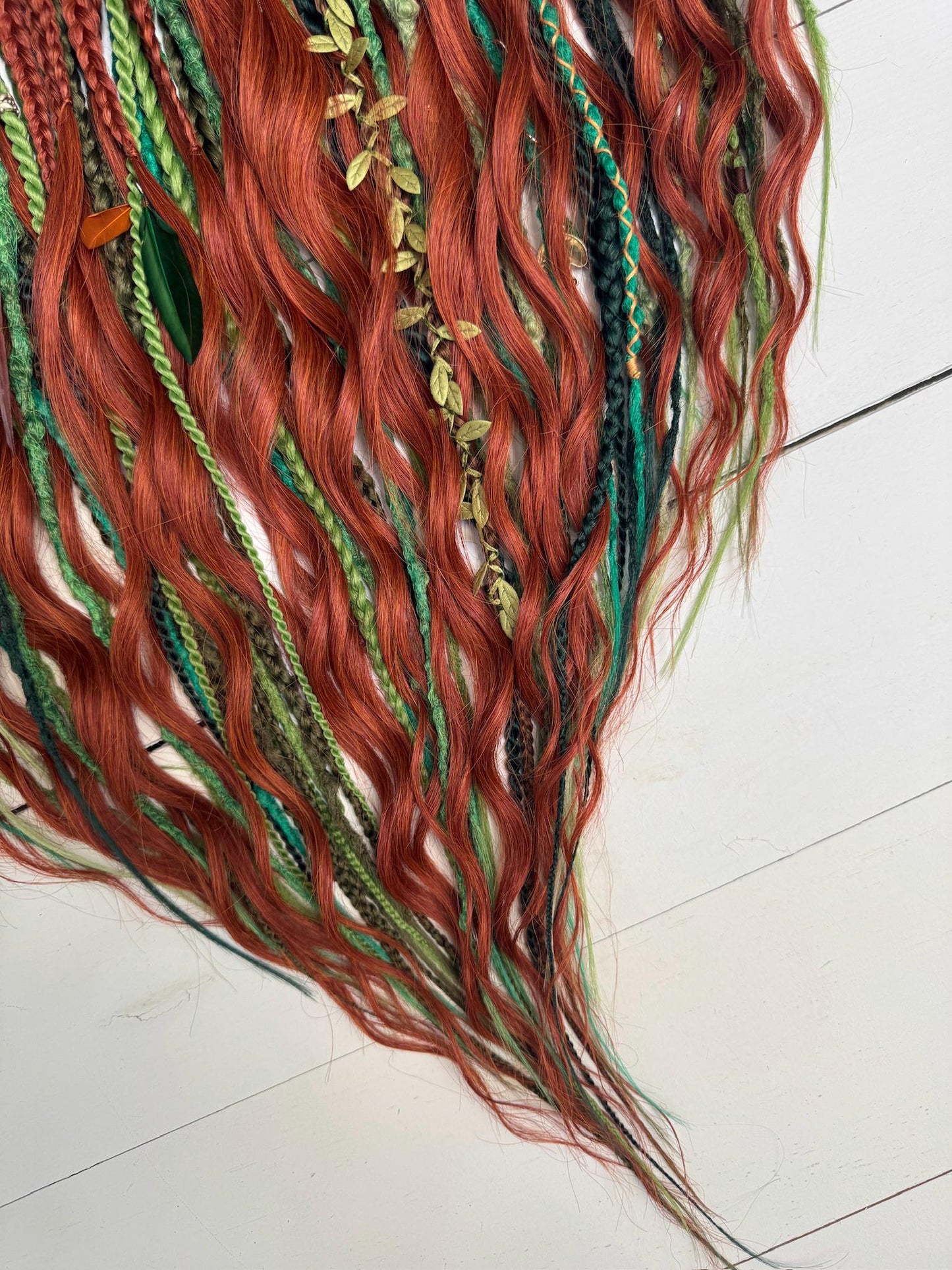 Forest Dreadlock Set in Copper and Green with Braids and Curls