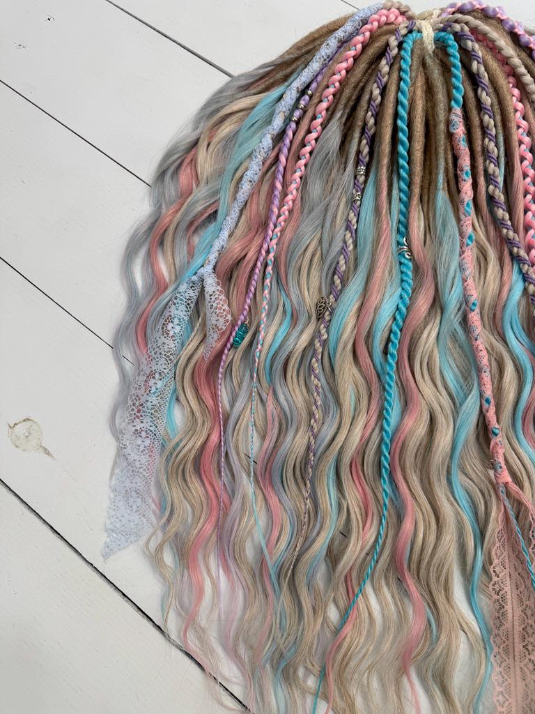 Pastel Synthetic Dreadlocks with Curls, Braids, Lace, and Charms