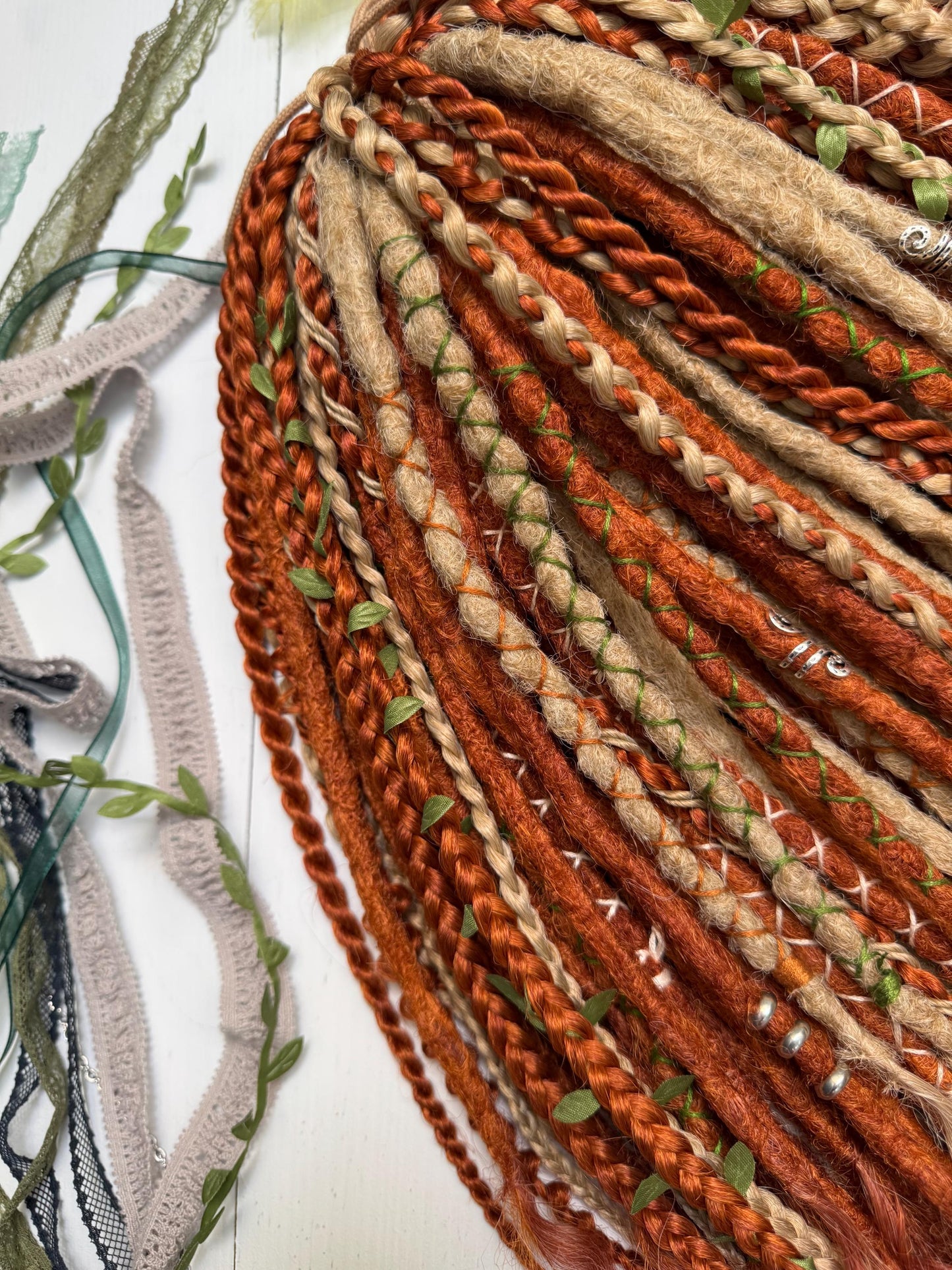 Handmade Boho Dreadlocks in Ginger Beige with Braids and Feathers