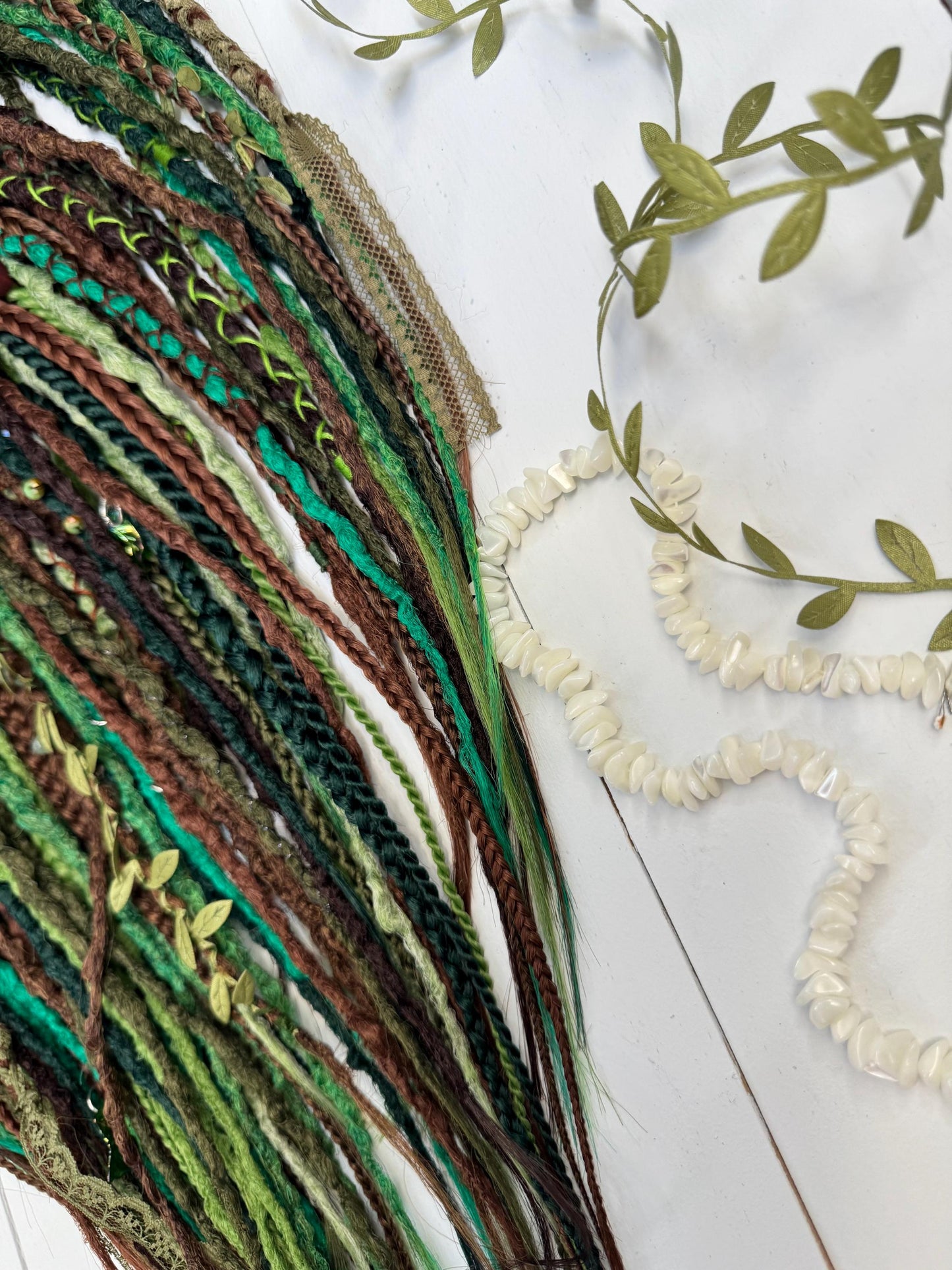 Forest Spirit Dreadlock Set with Boho Textured Dreads, Leaves, and Feathers