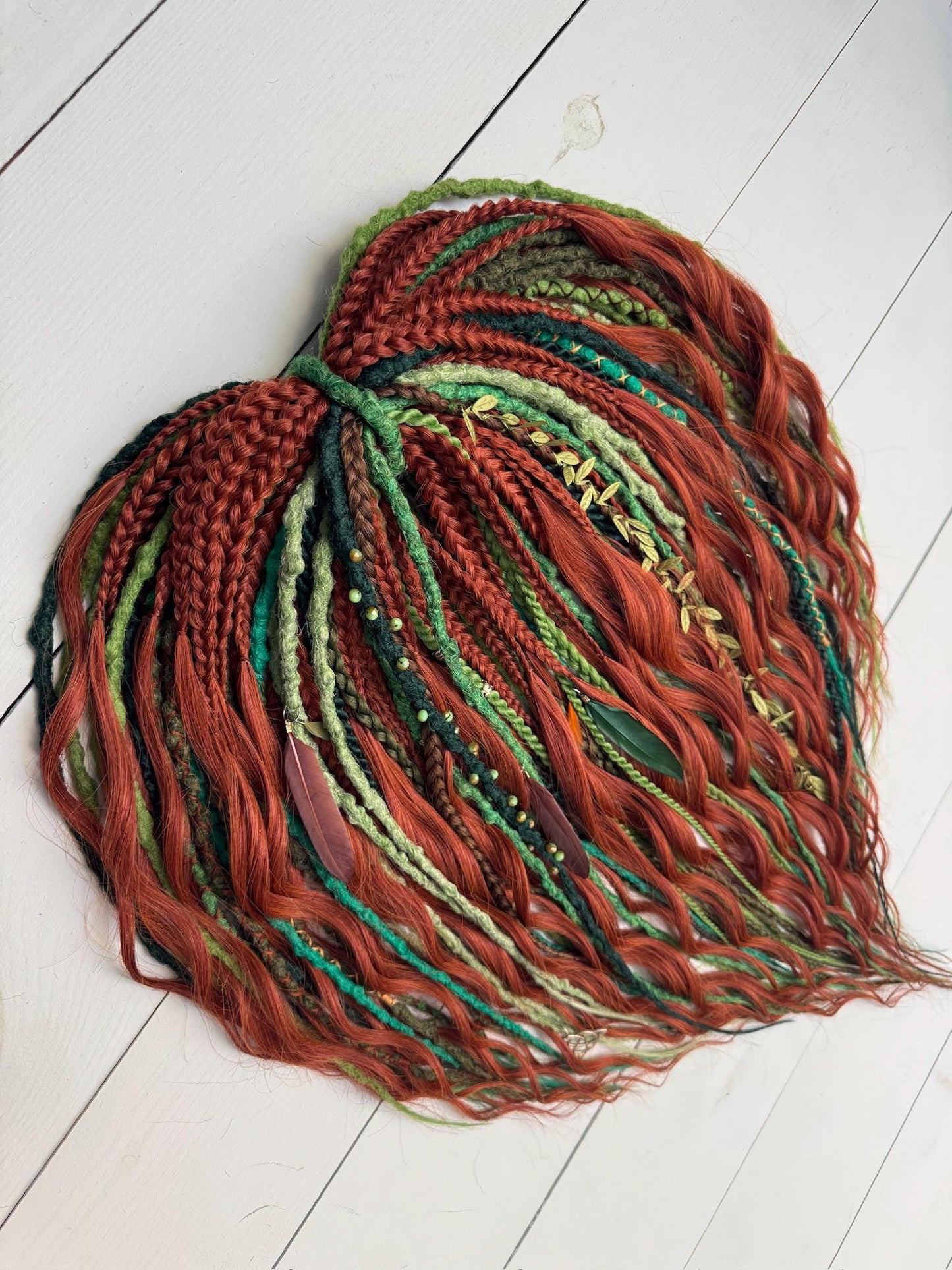 Forest Dreadlock Set in Copper and Green with Braids and Curls