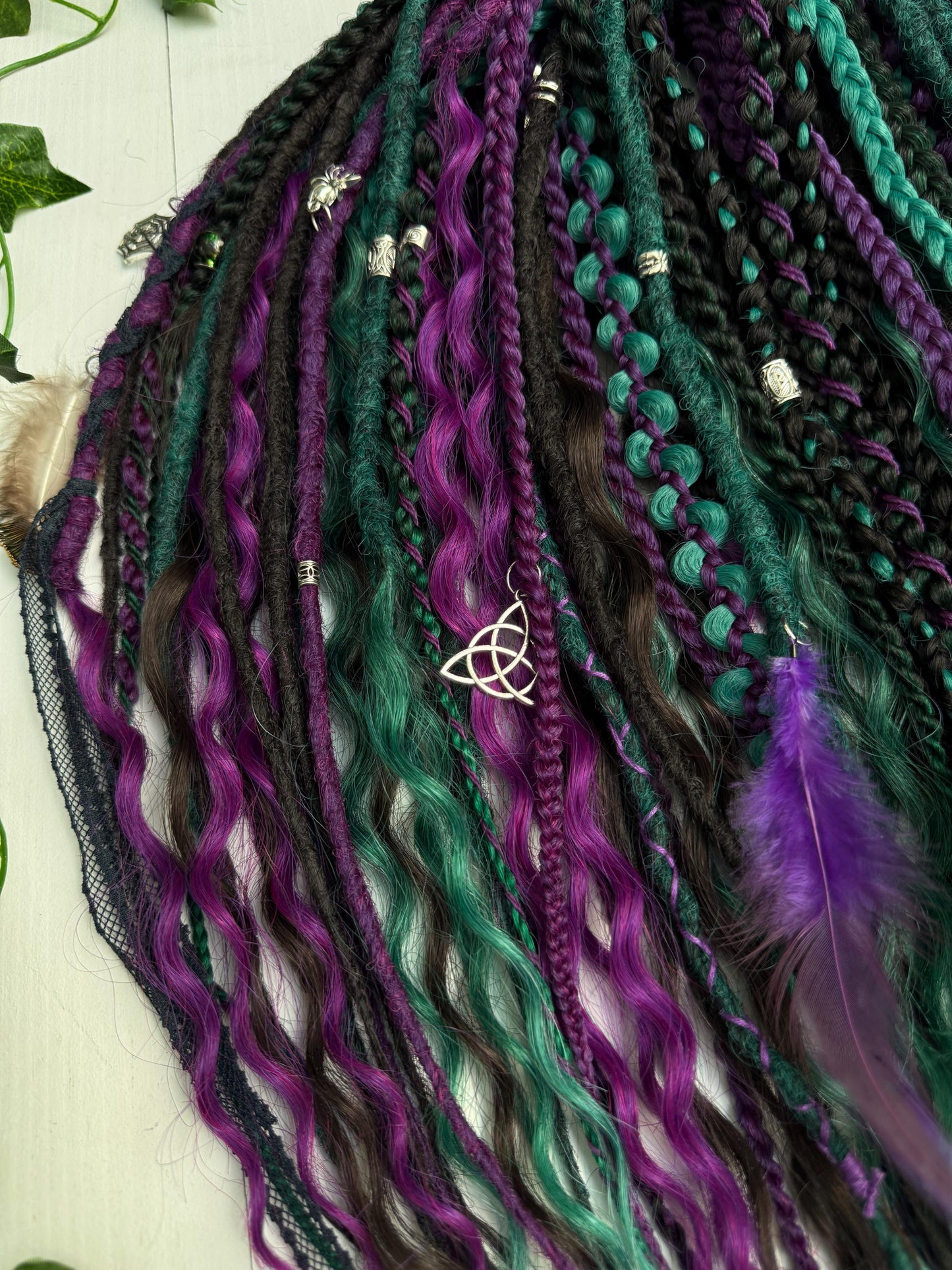 Handmade Witchy Dreads – Purple, Green & Black Braids with Charms
